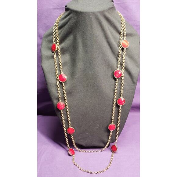 Charming Charlie Long Two Layer Gold Tone & Red Bead Necklace And Earrings Set - Picture 1 of 12
